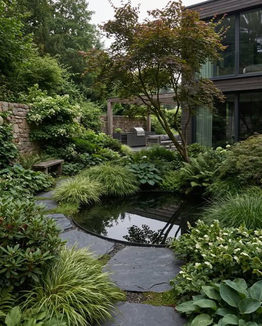 Lush shaded courtyard with a winding slate path and pond