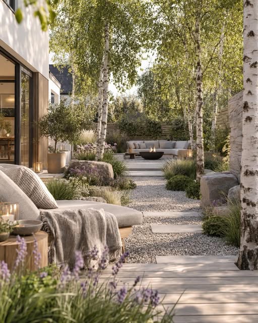 Birch garden path leading to a lounge